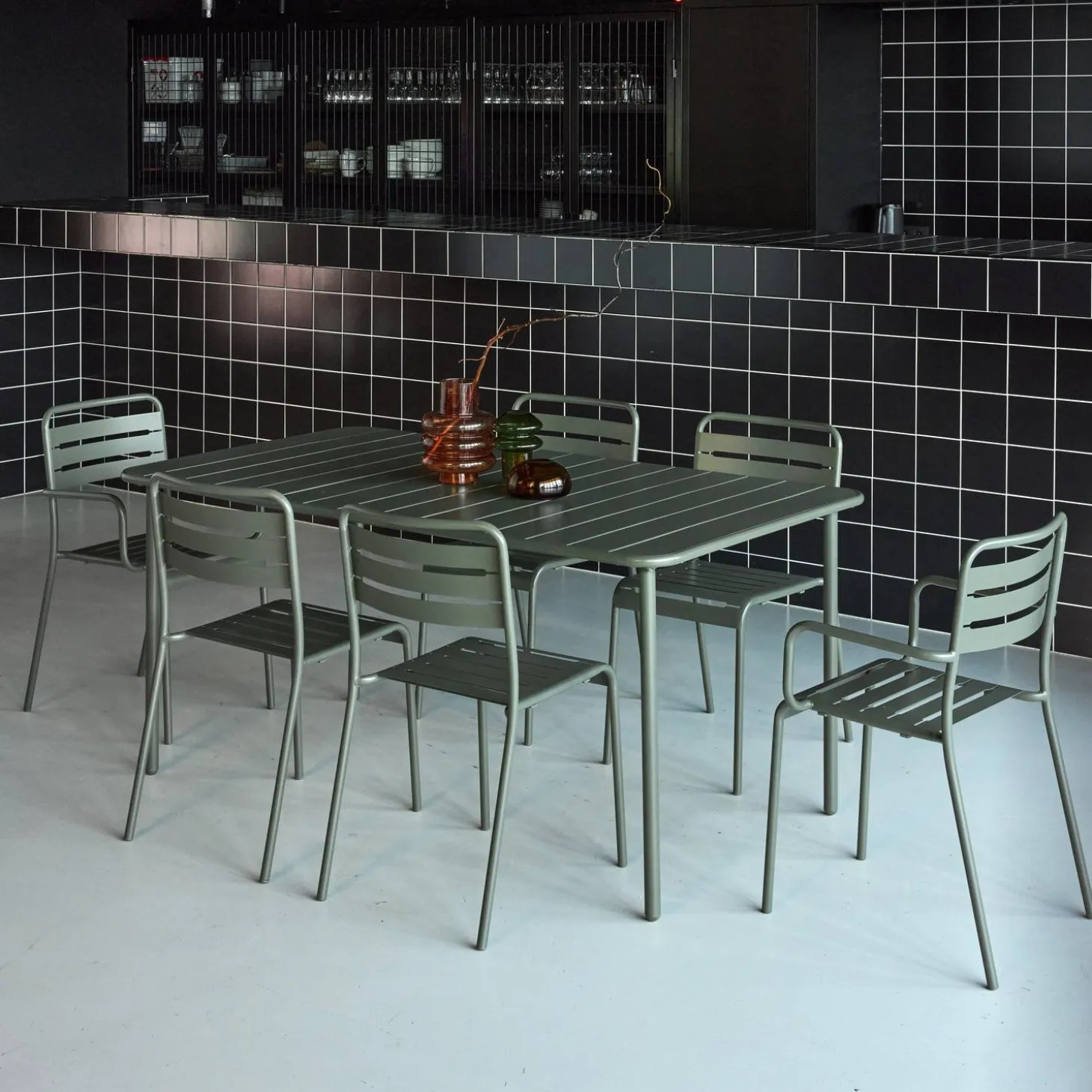 Set mesa de jardín bistró de acero con 2 sillones y 4 sillas, 160cm