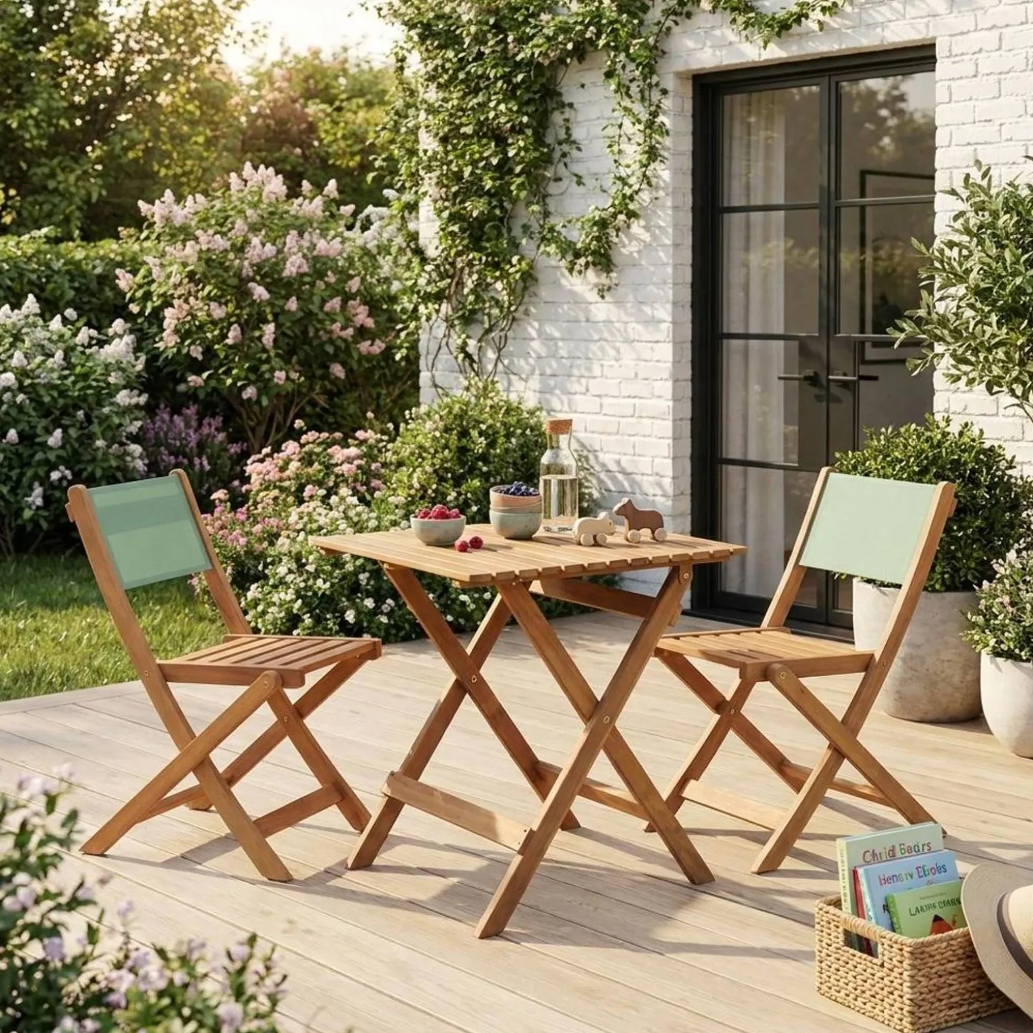 Set mesa de jardín bistró infantil de madera de acacia con 2 sillas
