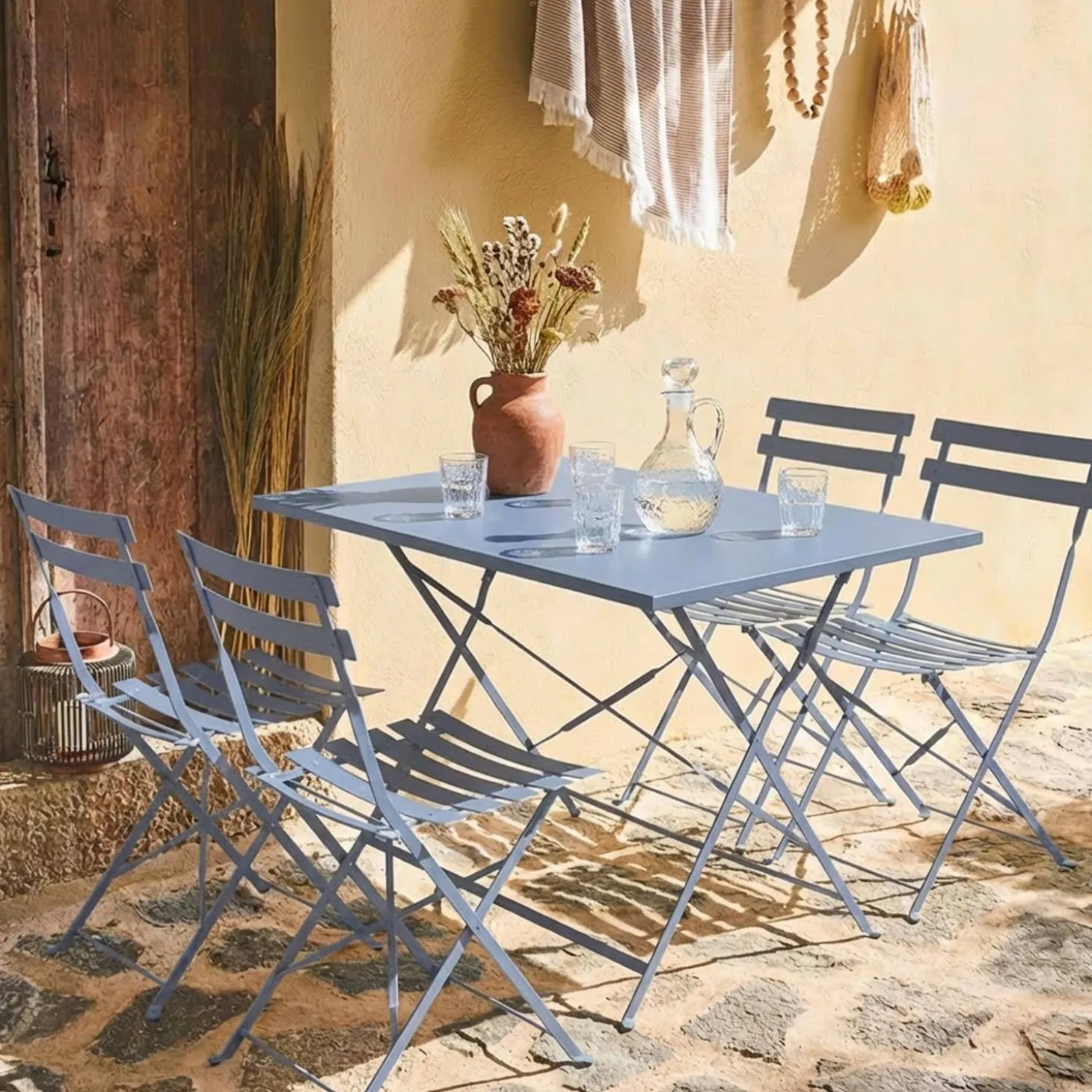 Set mesa de jardín bistró plegable de acero con 4 sillas, 110cm
