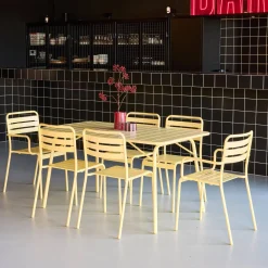 Set mesa de jardín bistró plegable de acero con 2 sillones y 4 sillas, 140cm