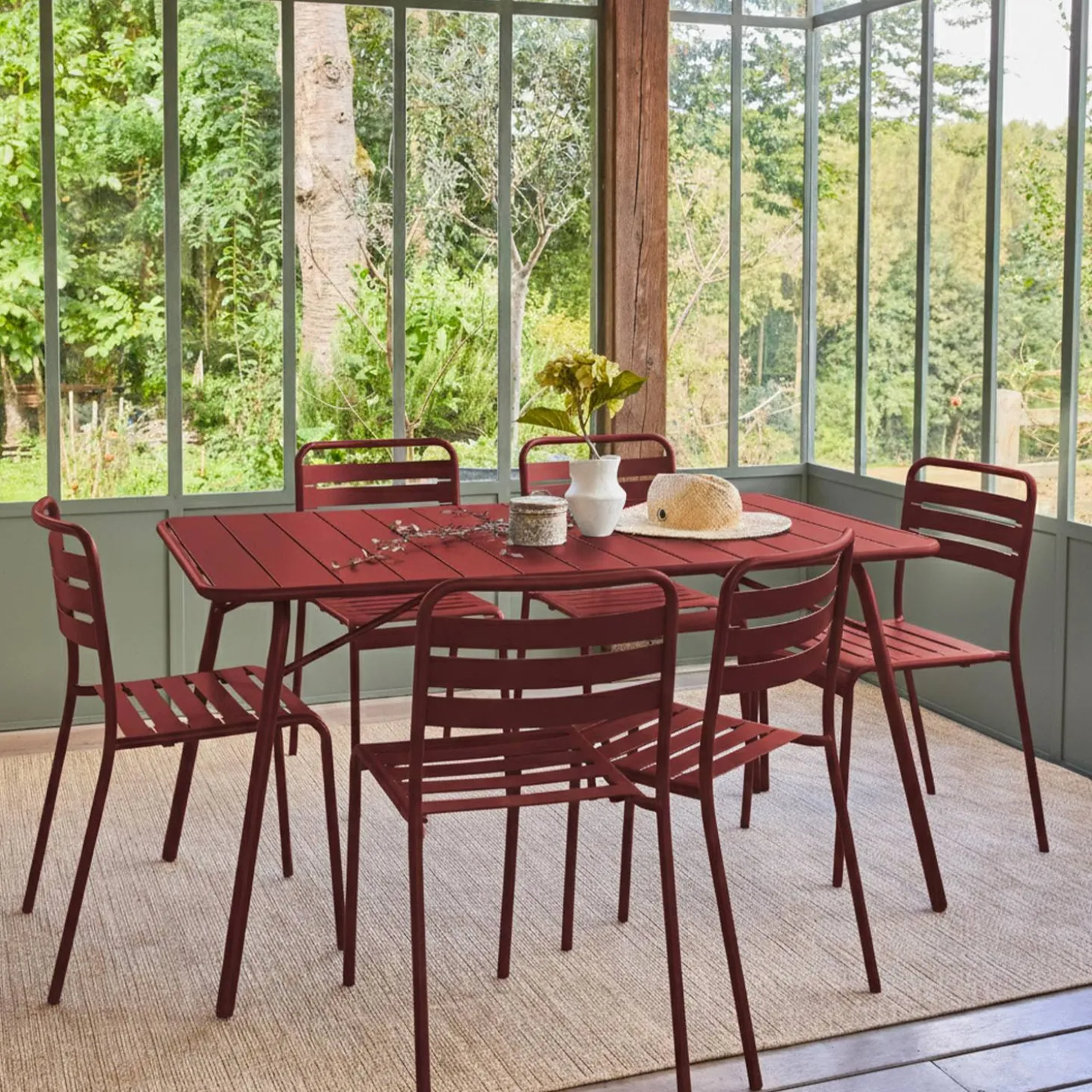 Set mesa de jardín bistró plegable de acero con 6 sillas, 140cm