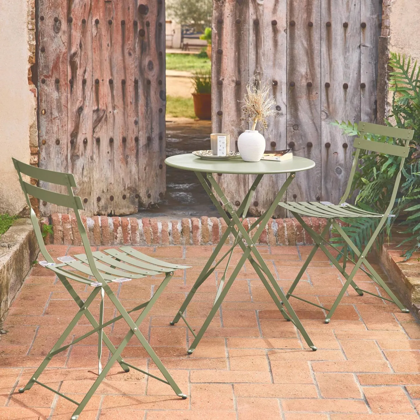 Set mesa de jardín bistró plegable de acero con 2 sillas, ø60cm