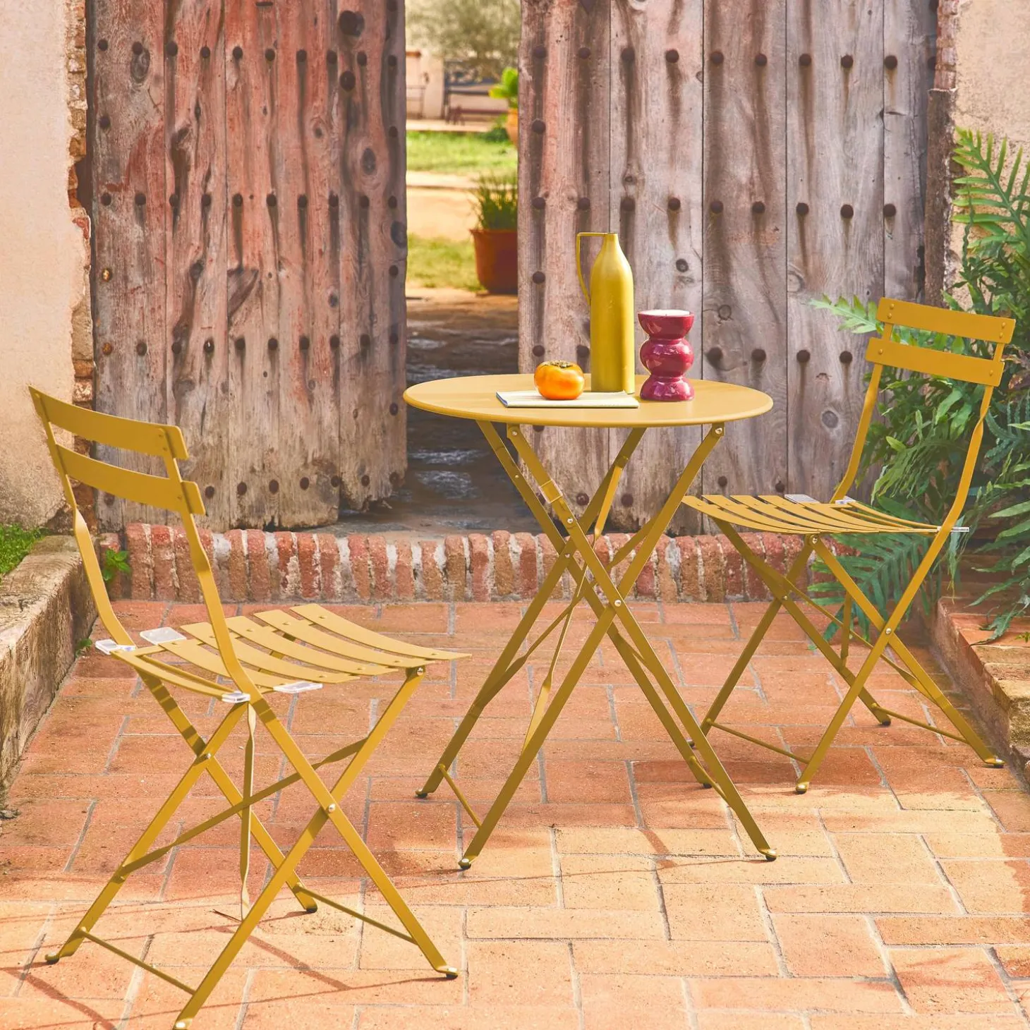 Set mesa de jardín bistró plegable de acero con 2 sillas, ø60cm