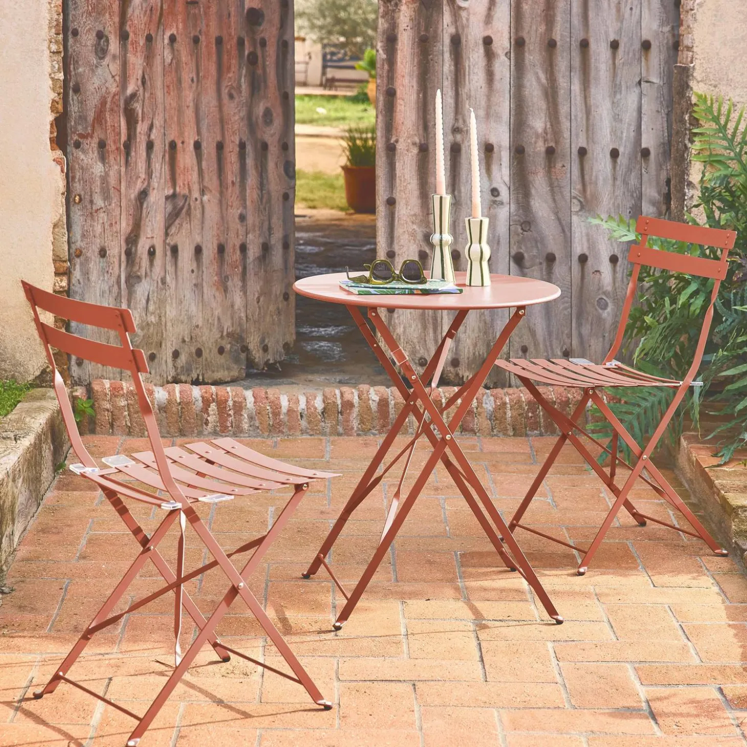 Set mesa de jardín bistró plegable de acero con 2 sillas, ø60cm