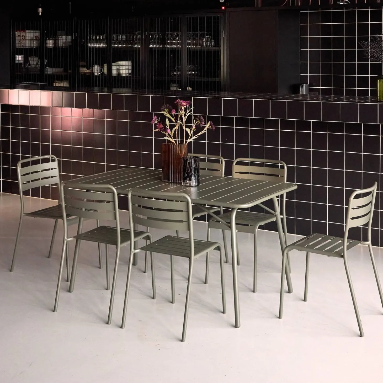 Set mesa de jardín bistró plegable de acero con 6 sillas, 140cm