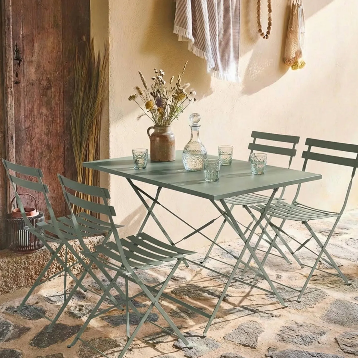 Set mesa de jardín bistró plegable de acero con 4 sillas, 110cm