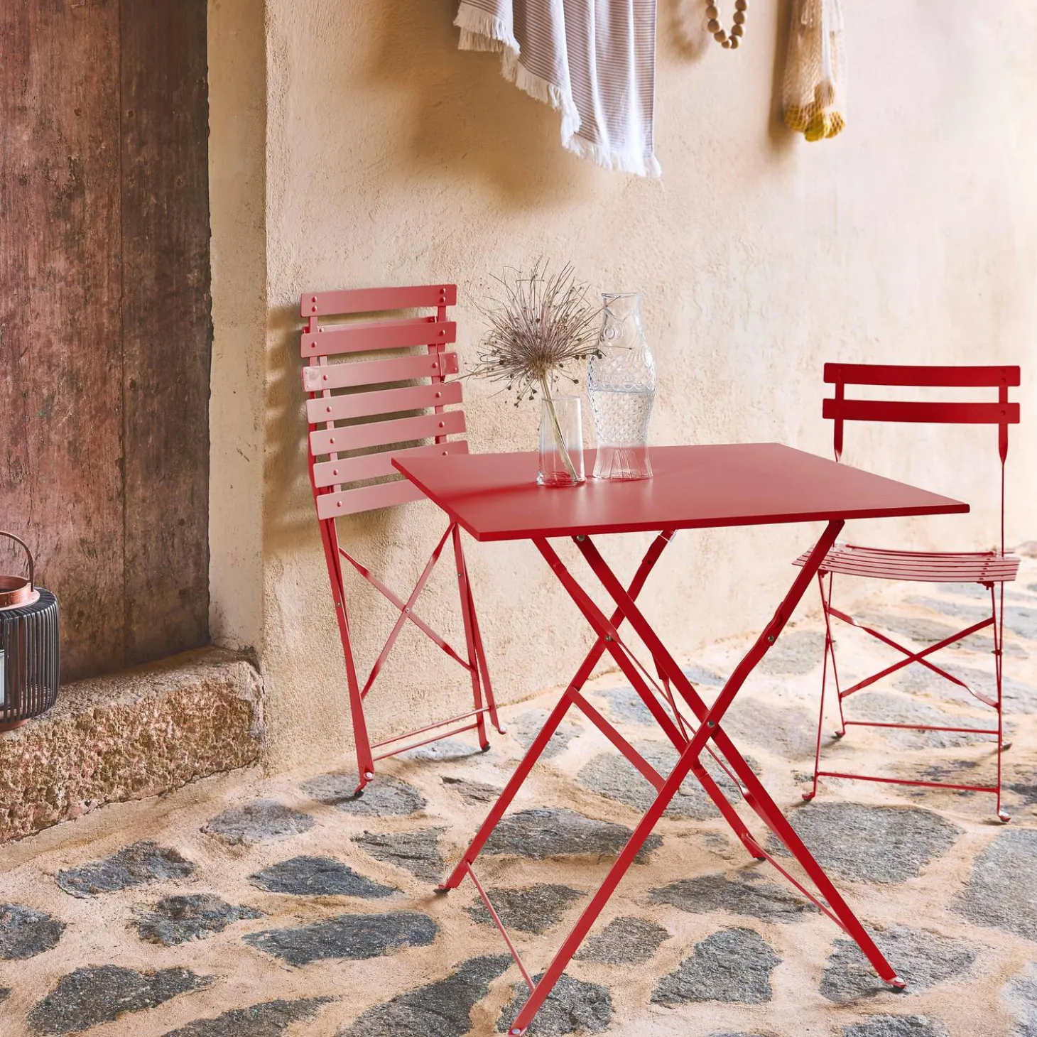Set mesa de jardín bistró plegable de acero con 2 sillas, 70cm