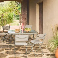 Set mesa de jardín plegable de textileno y acero con 4 sillas
