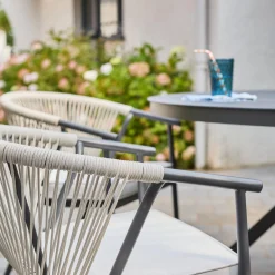 Set mesa de jardín redonda de aluminio y vidrio, 6 plazas