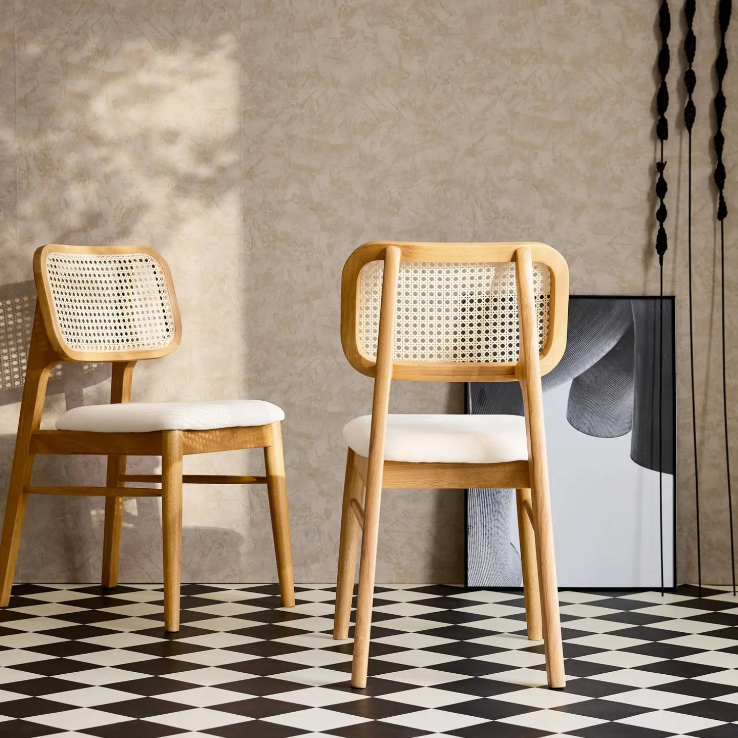 Silla bohemia de madera de hevea y rejilla, set de 2