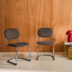 Silla cantilever redondeada de metal, pana y patas cromadas, set de 2