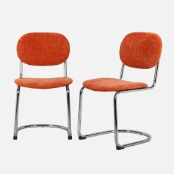 Silla cantilever redondeada de metal, tela chenille y patas cromadas ,set de 2