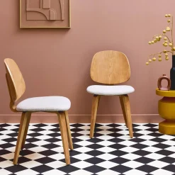 Silla curvada de madera y borreguito, set de 2
