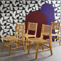 Silla de caña y madera, set de 4
