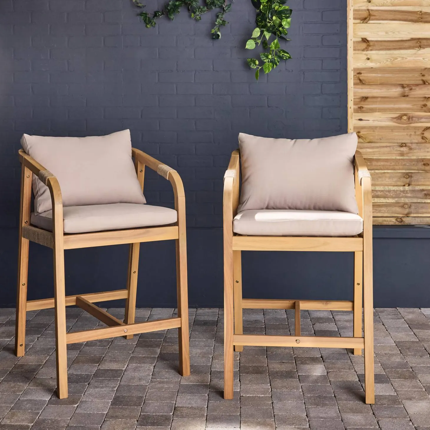Silla de jardín altas de madera de acacia y cuerda, set de 2