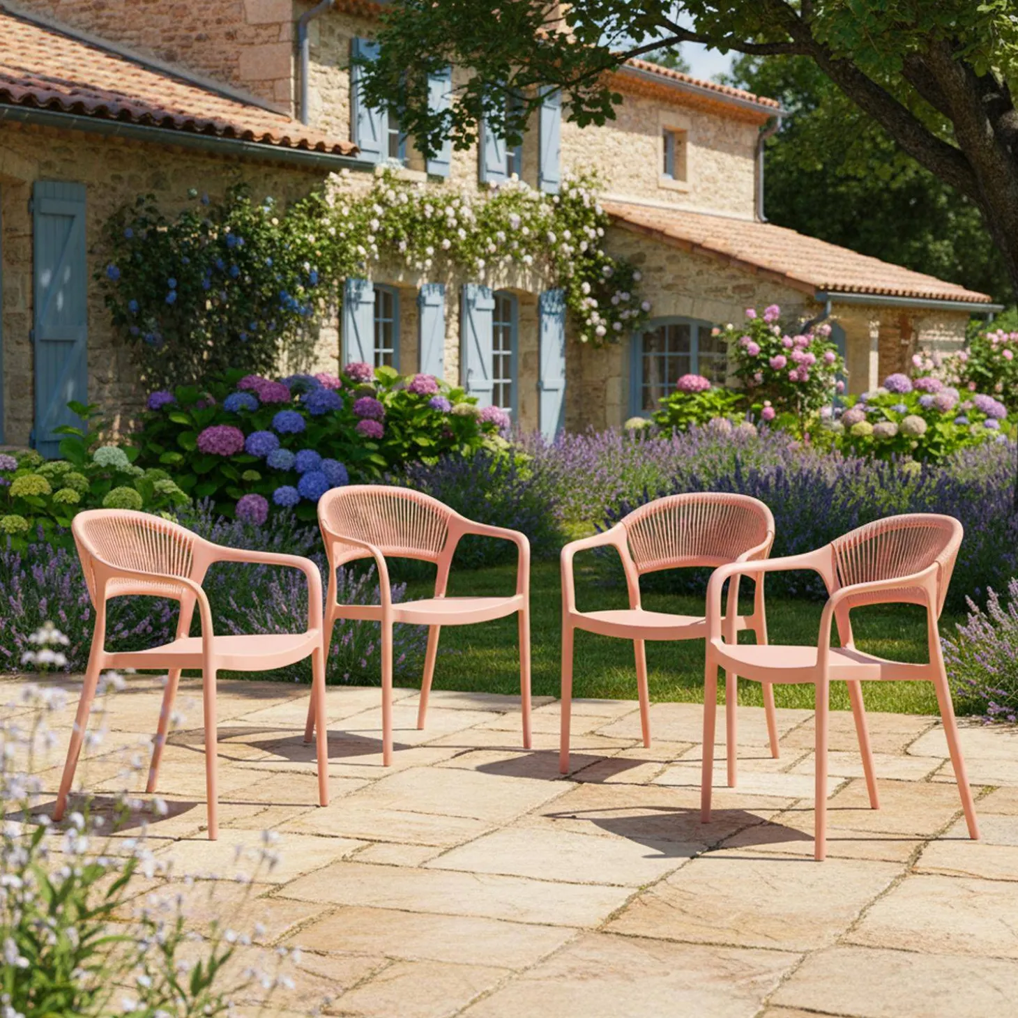 Silla de jardín apilable con efecto cuerda, set de 4