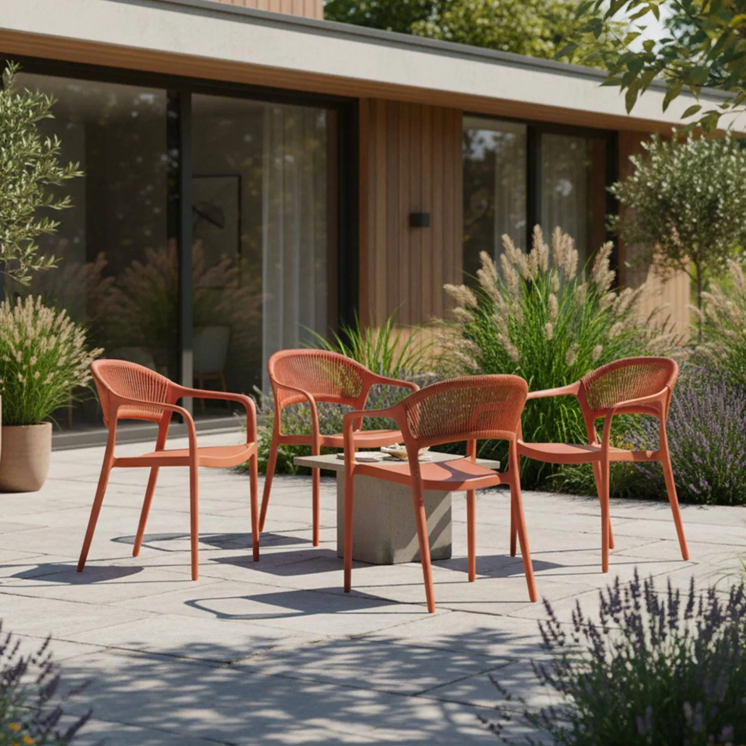Silla de jardín apilable con efecto cuerda, set de 4