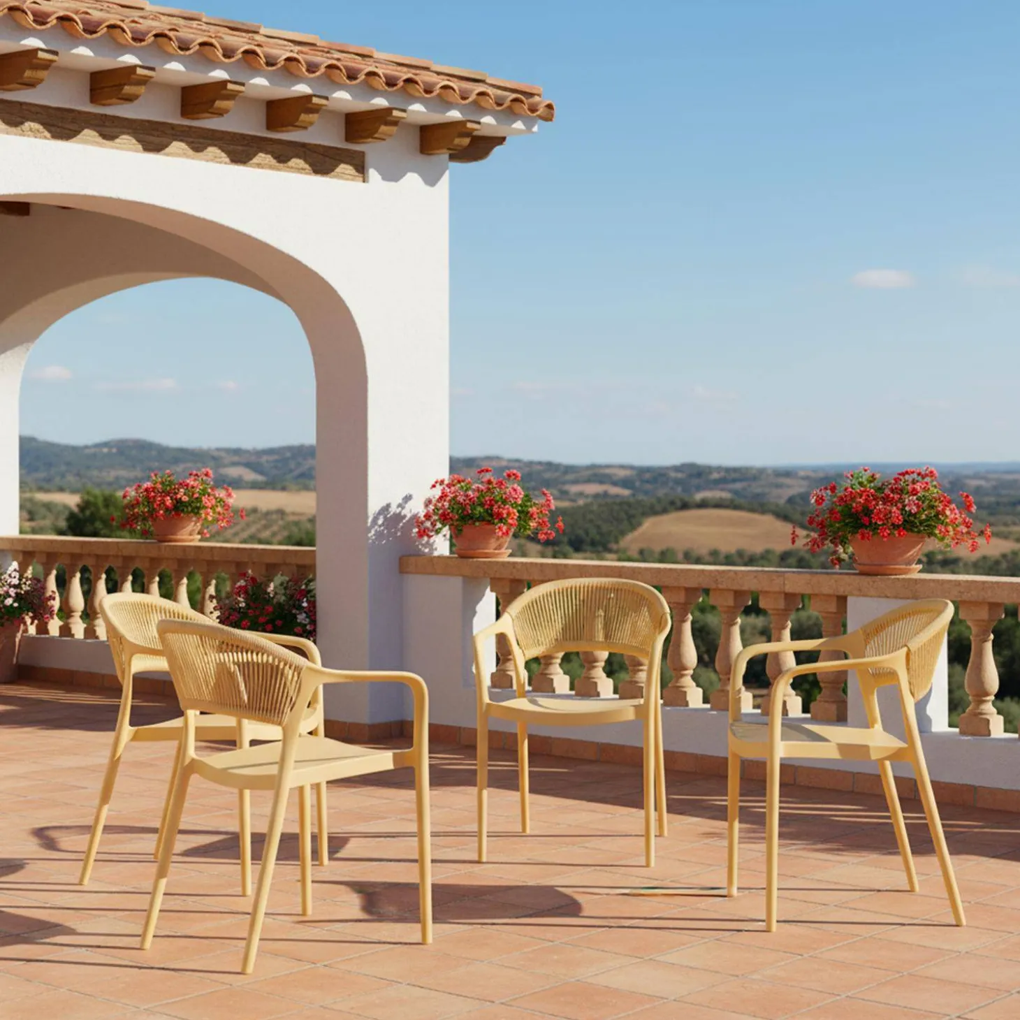 Silla de jardín apilable con efecto cuerda, set de 4