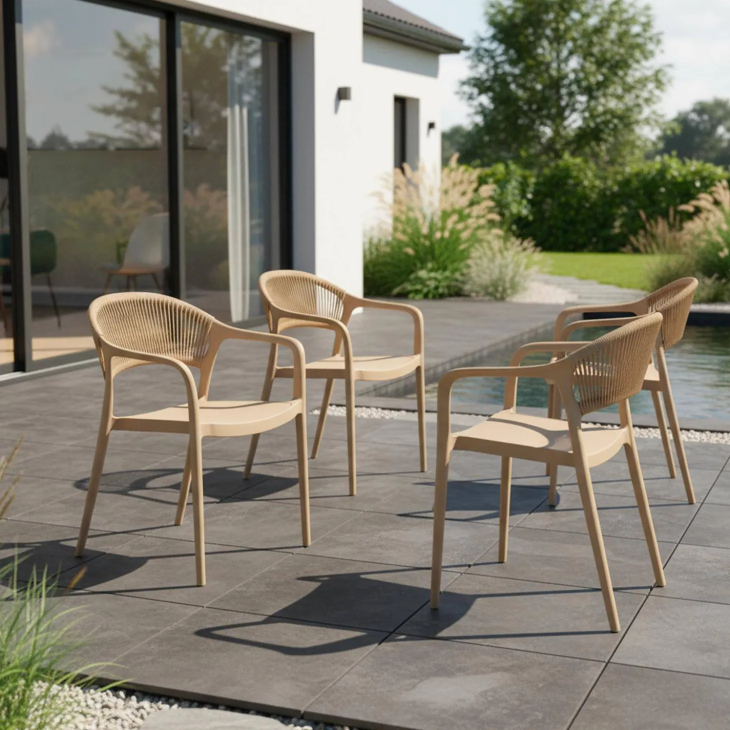 Silla de jardín apilable con efecto cuerda, set de 4