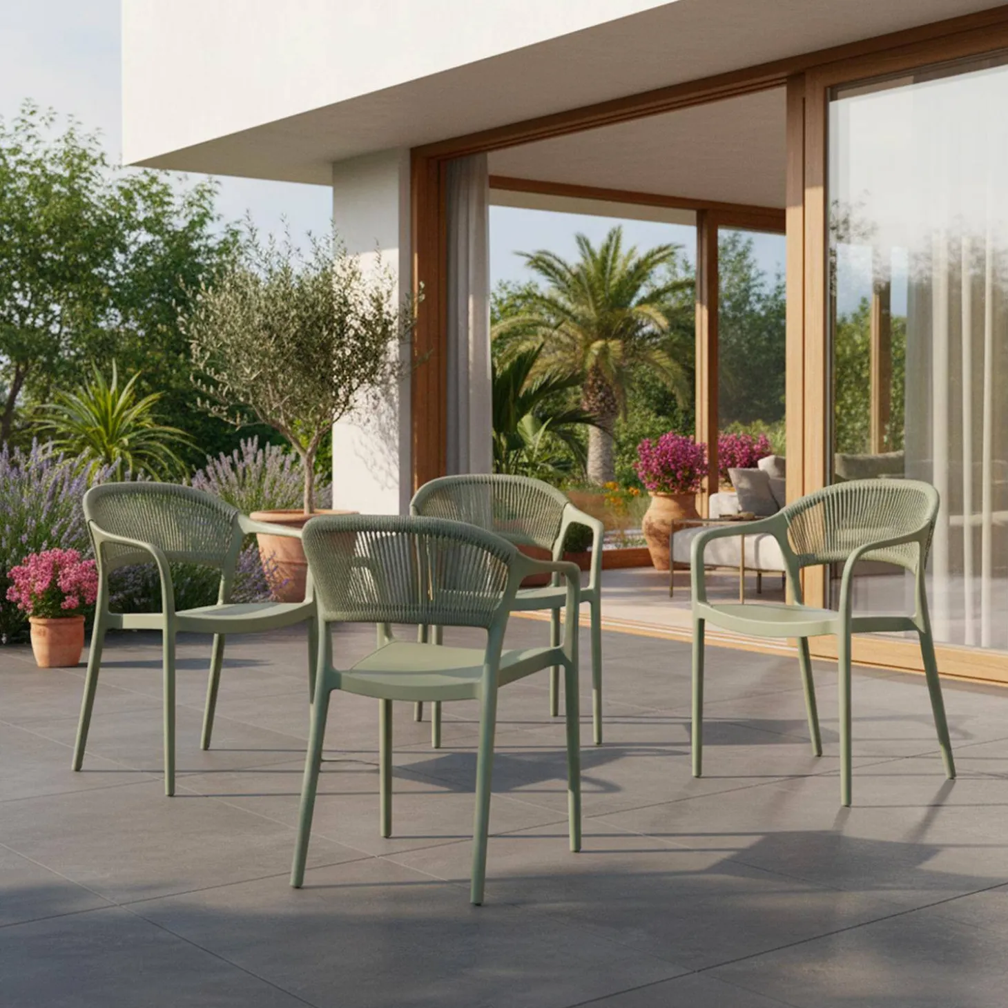 Silla de jardín apilable con efecto cuerda, set de 4