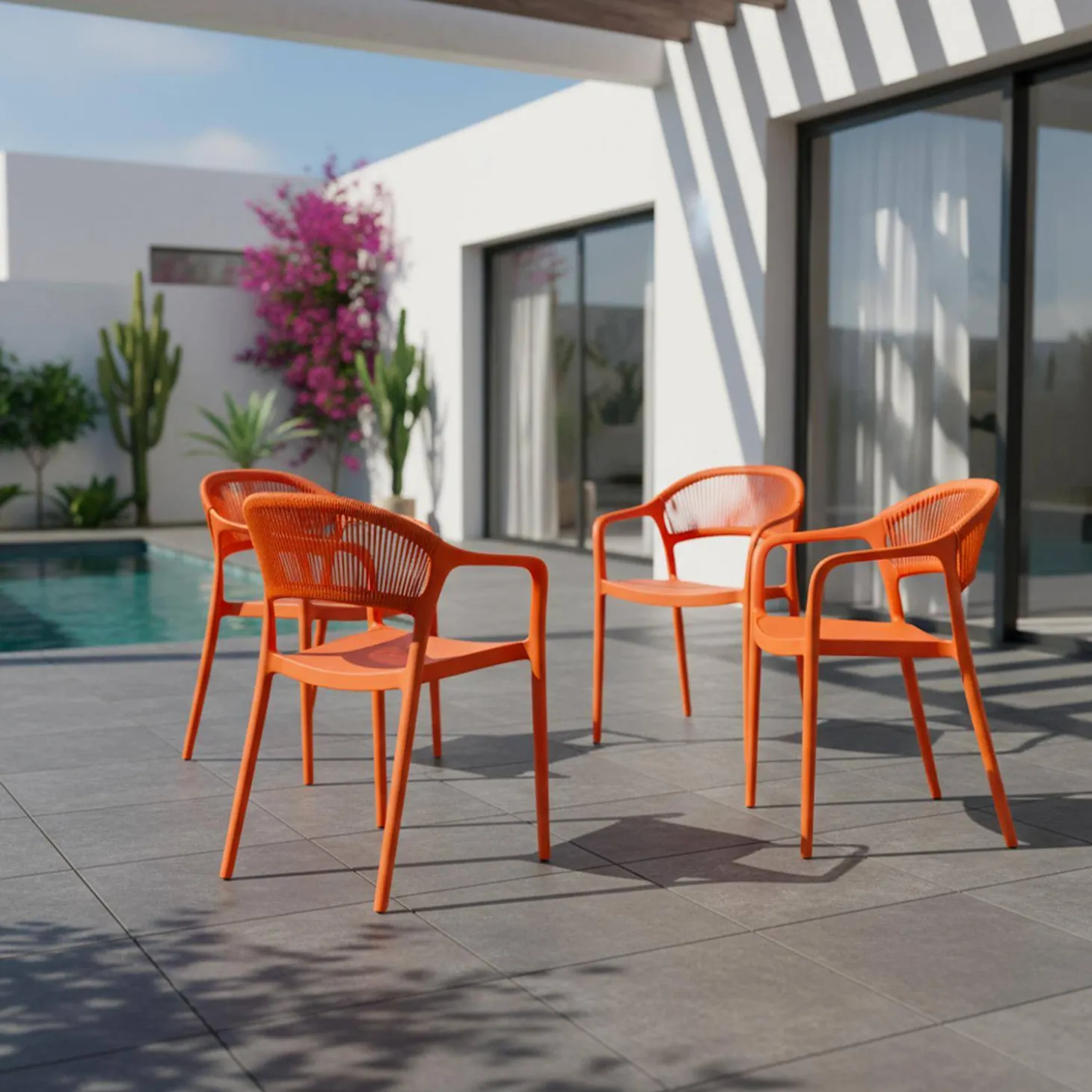 Silla de jardín apilable con efecto cuerda, set de 4