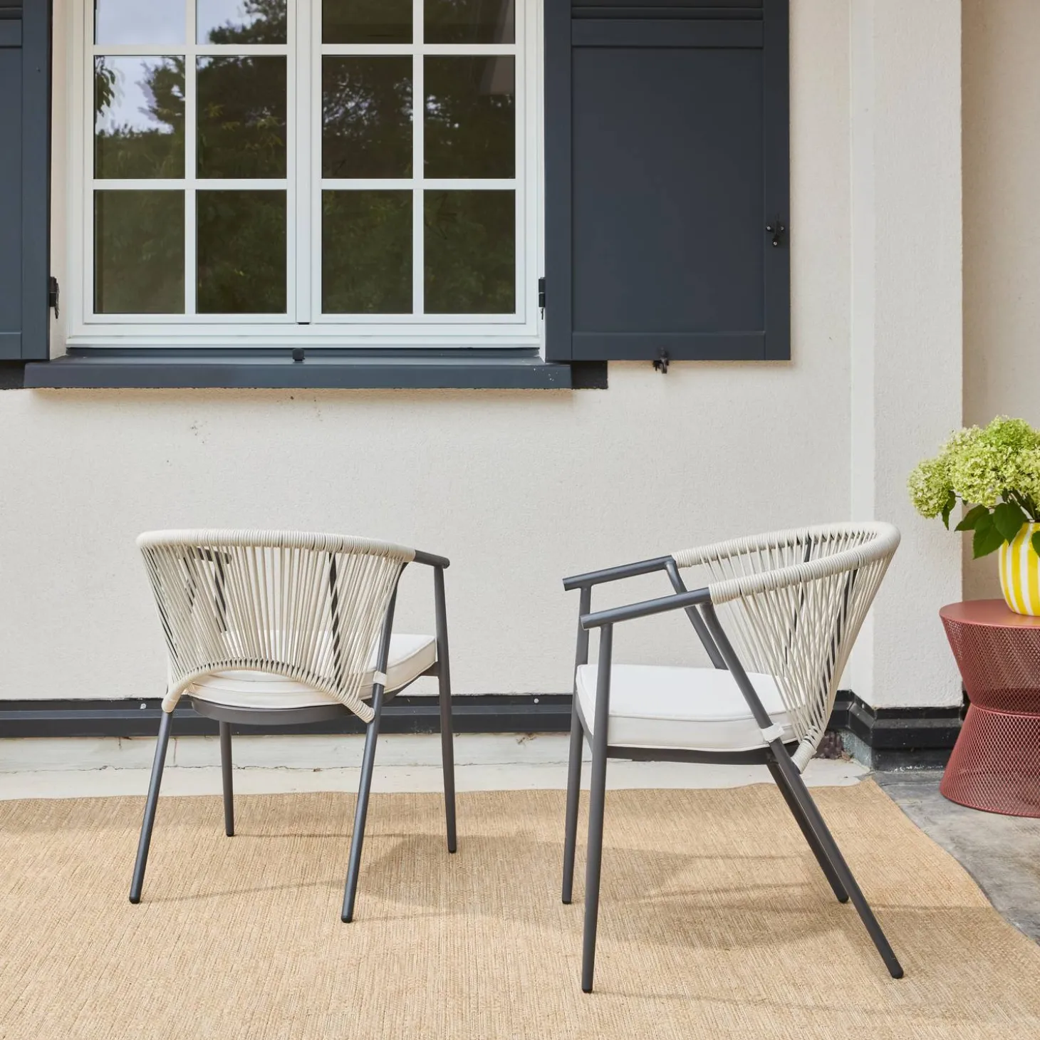 Silla de jardín apilable de acero y cuerdas, set de 2