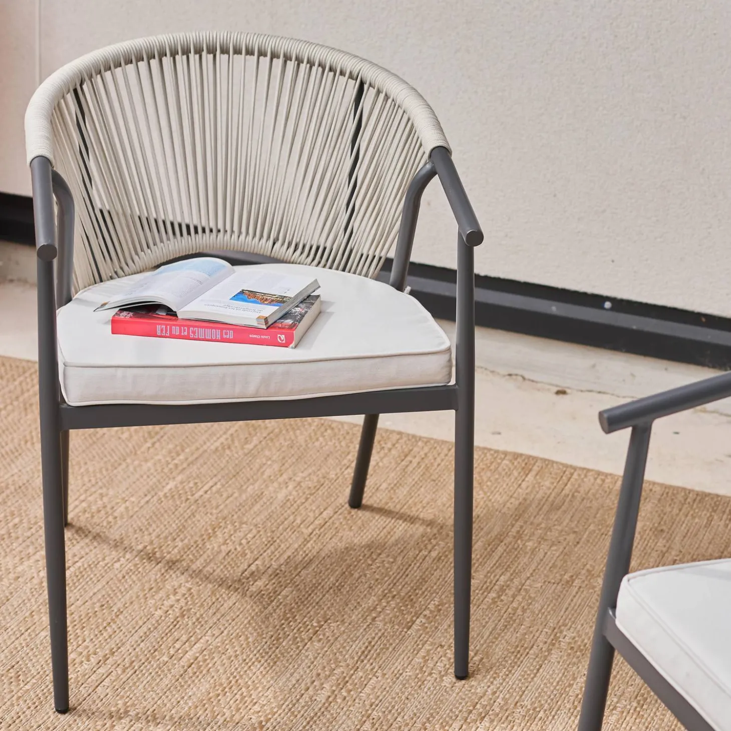 Silla de jardín apilable de acero y cuerdas, set de 2