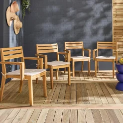 Silla de jardín de madera de acacia con cojín, set de 4