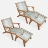 Silla de jardín de madera y cuerda con reposapiés, set de 2