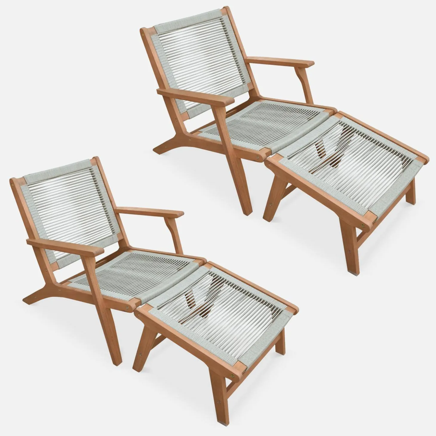 Silla de jardín de madera y cuerda con reposapiés, set de 2