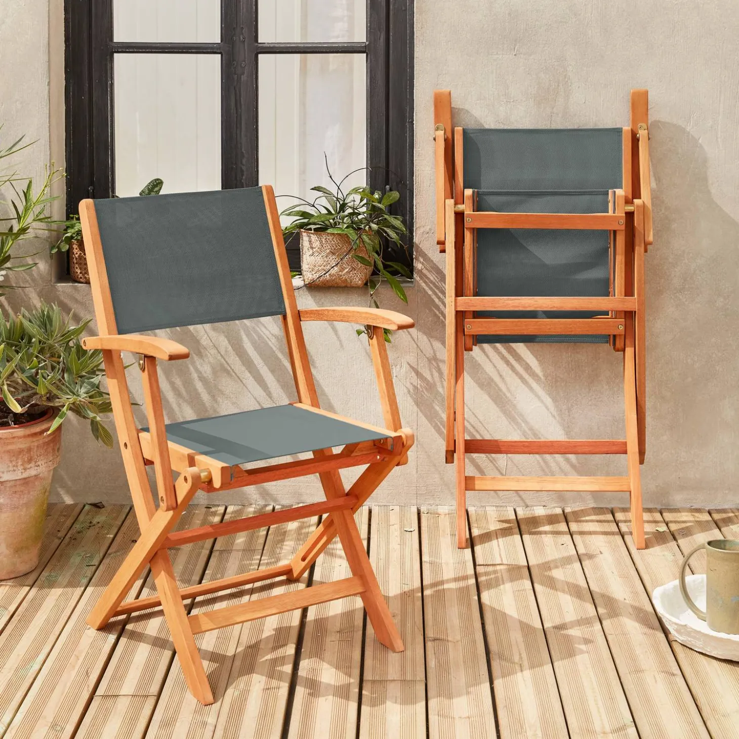 Silla de jardín plegable de madera de eucalipto, set de 2