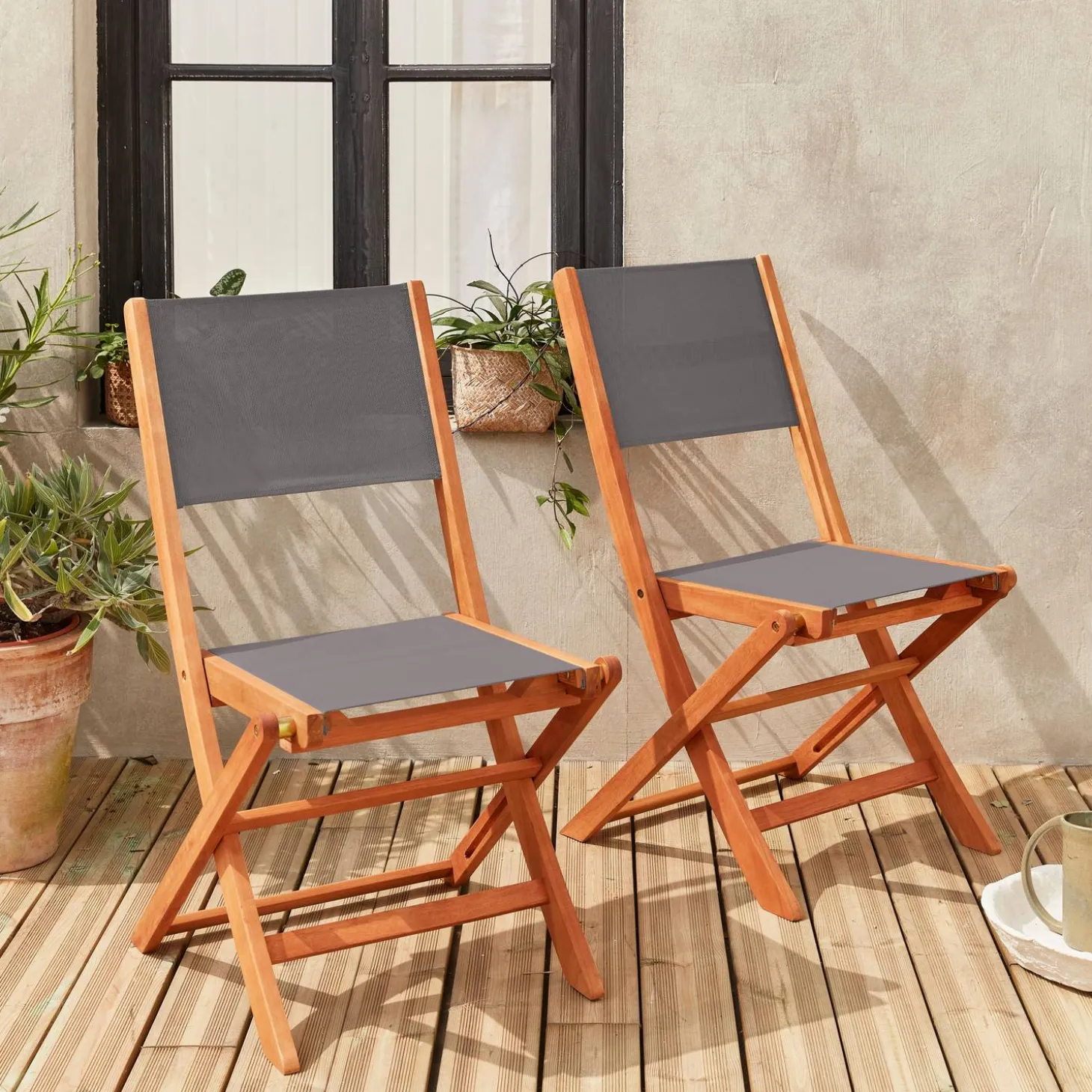 Silla de jardín plegable de madera de eucalipto, set de 2