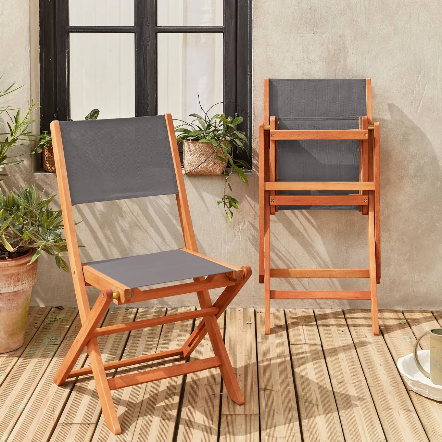 Silla de jardín plegable de madera de eucalipto, set de 2