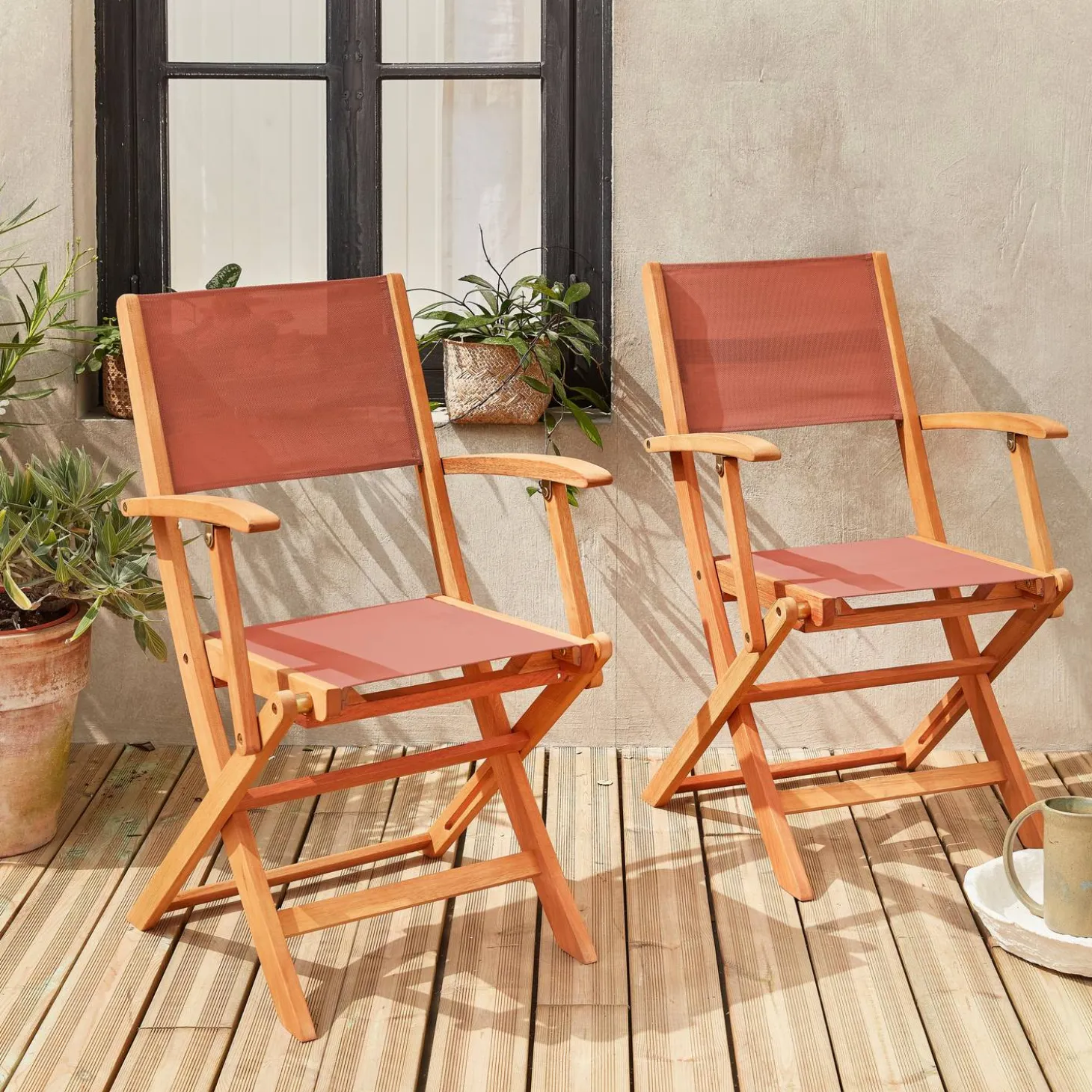 Silla de jardín plegable de madera de eucalipto, set de 2