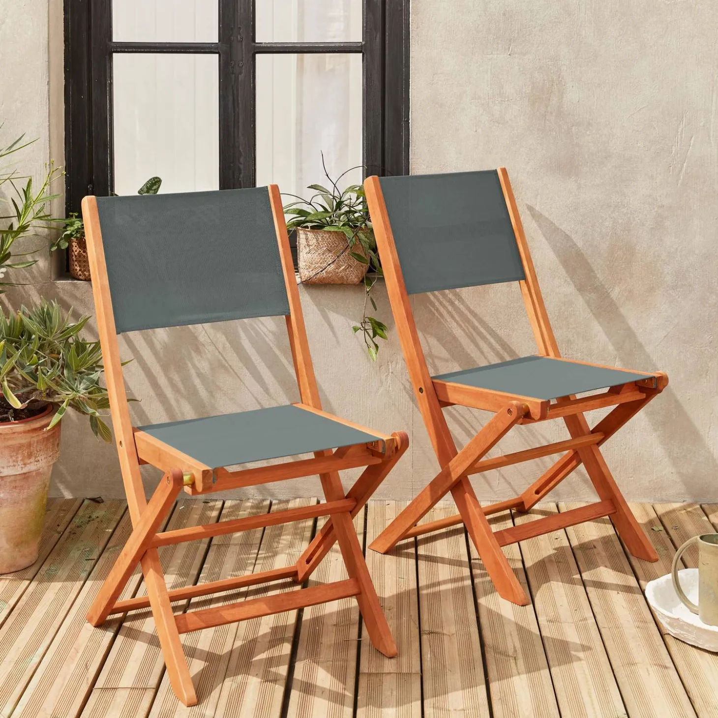 Silla de jardín plegable de madera de eucalipto, set de 2