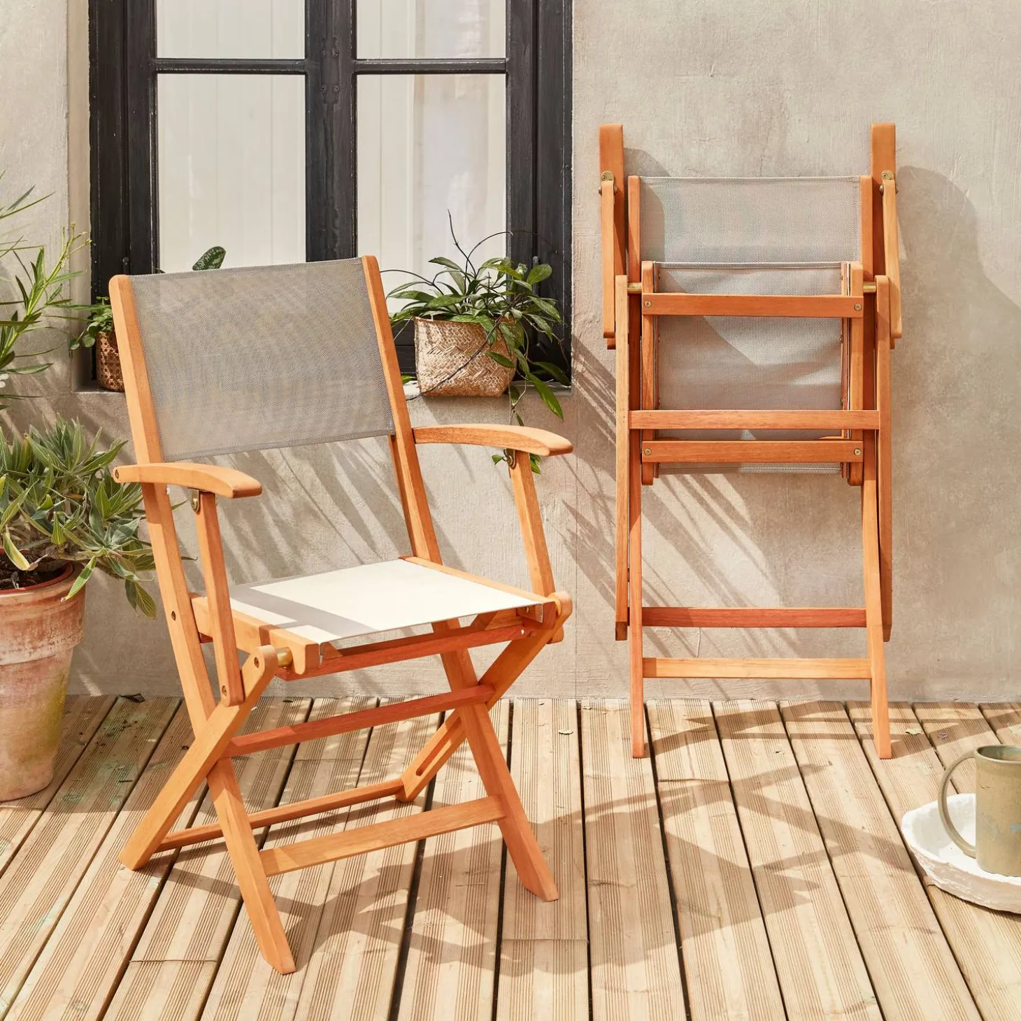 Silla de jardín plegable de madera de eucalipto, set de 2