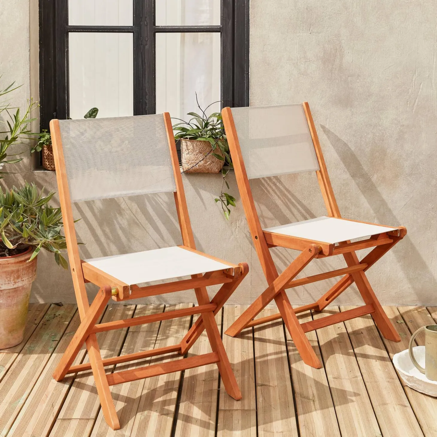 Silla de jardín plegable de madera de eucalipto, set de 2
