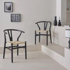 Silla de madera con asiento de cuerda, set de 2