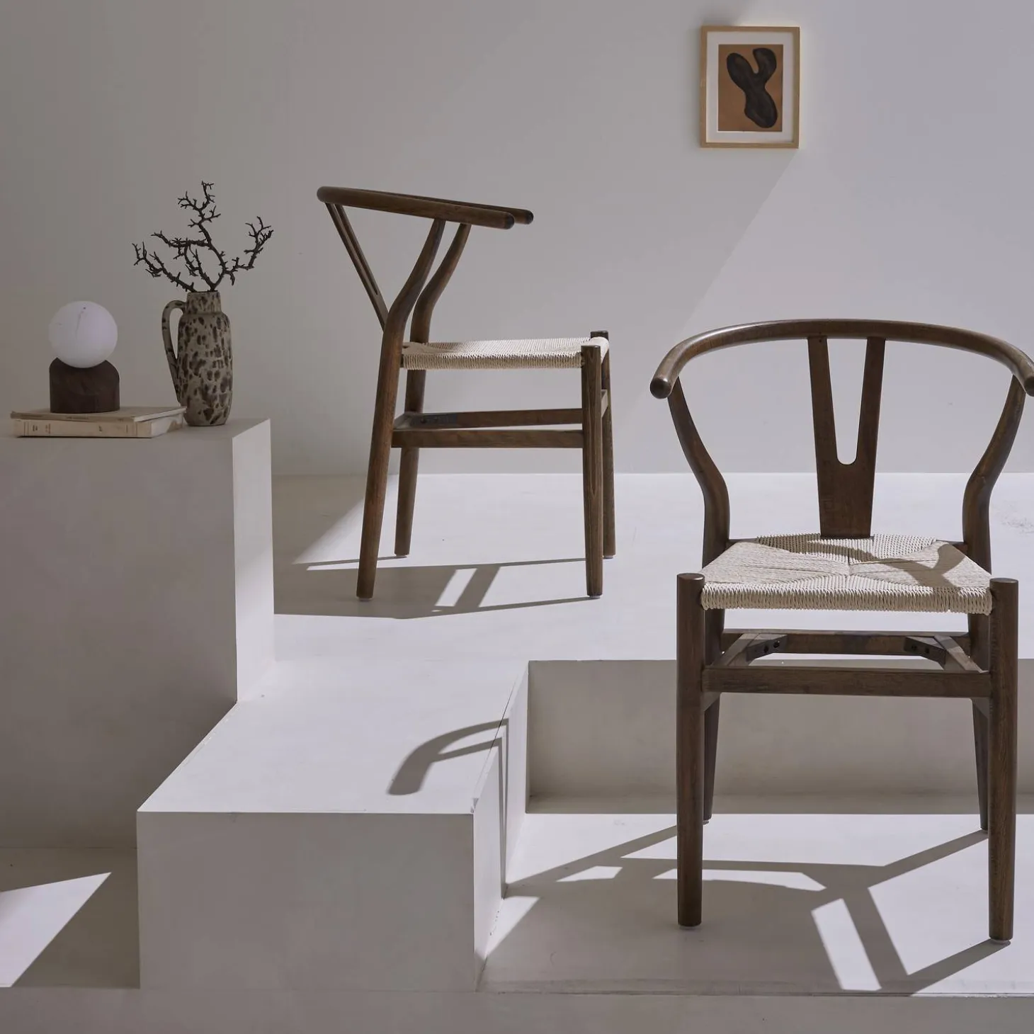 Silla de madera con asiento de cuerda, set de 2