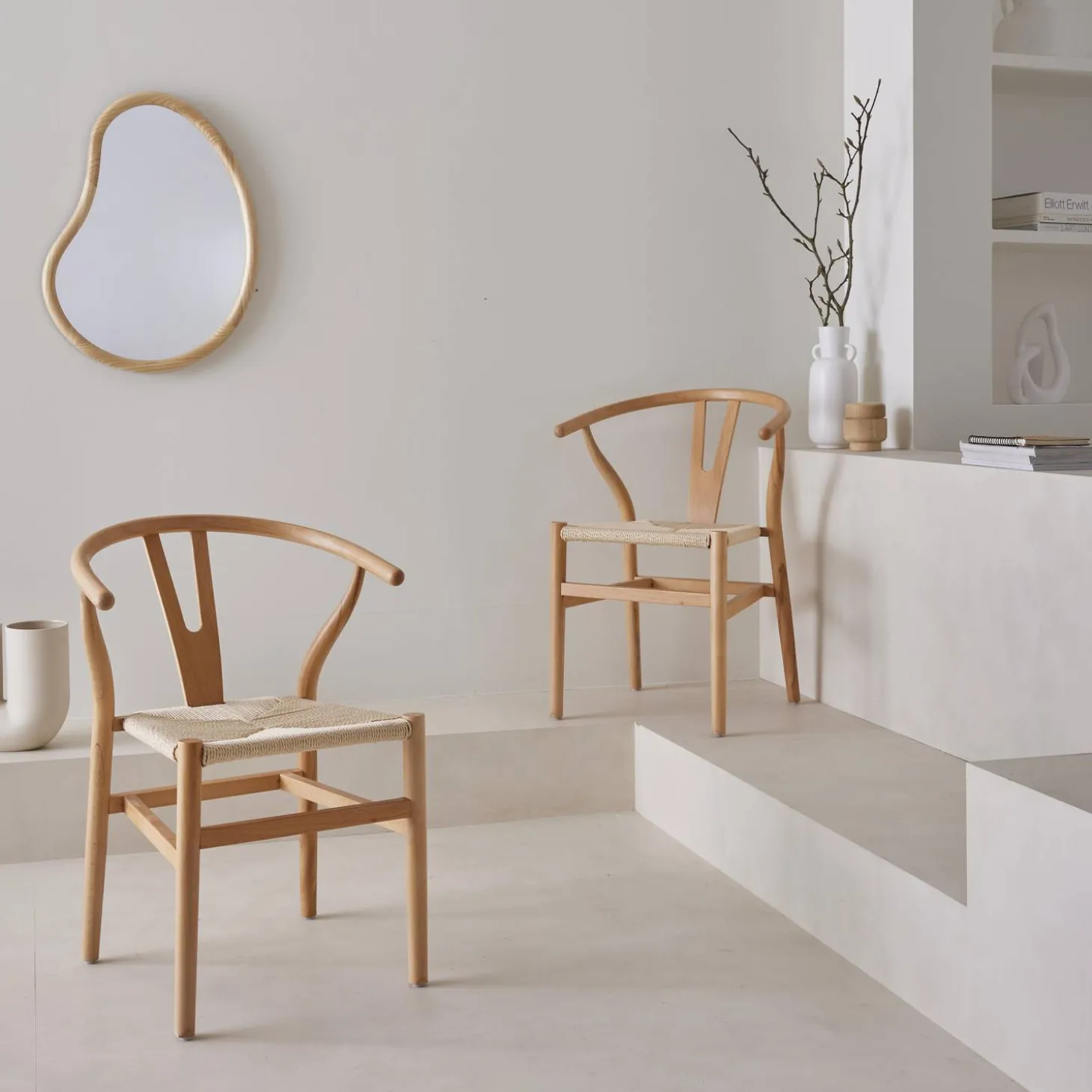 Silla de madera con asiento de cuerda, set de 2