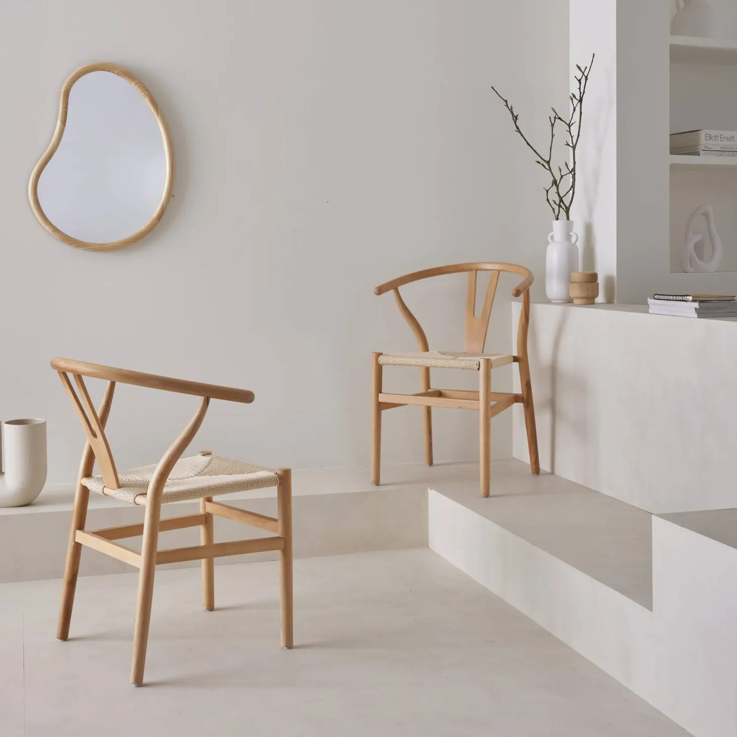 Silla de madera con asiento de cuerda, set de 2