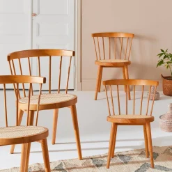 Silla de madera y caña, set de 4