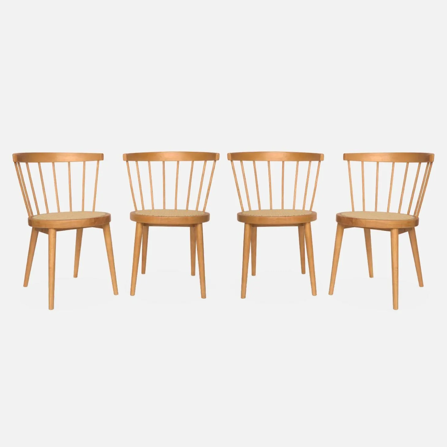 Silla de madera y caña, set de 4
