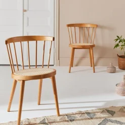 Silla de madera y caña, set de 2