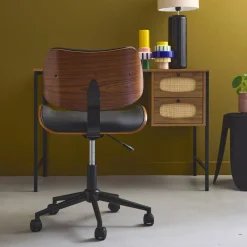 Silla de oficina con ruedas, madera curvada y acabado en polipiel