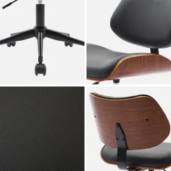Silla de oficina con ruedas, madera curvada y acabado en polipiel