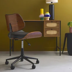 Silla de oficina con ruedas, madera curvada y acabado en polipiel