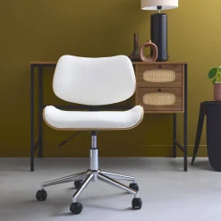 Silla de oficina con ruedas, madera curvada y acabado en polipiel