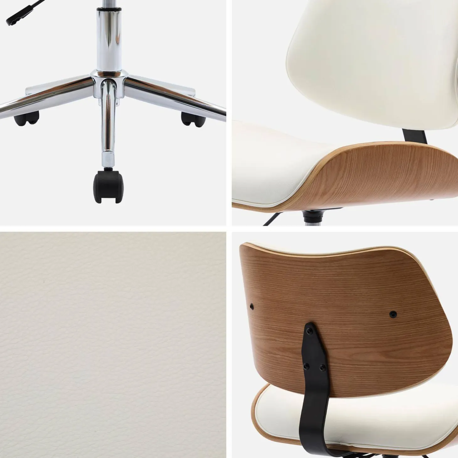 Silla de oficina con ruedas, madera curvada y acabado en polipiel
