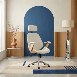 Silla de oficina con ruedas, madera curvada y acabado en polipiel